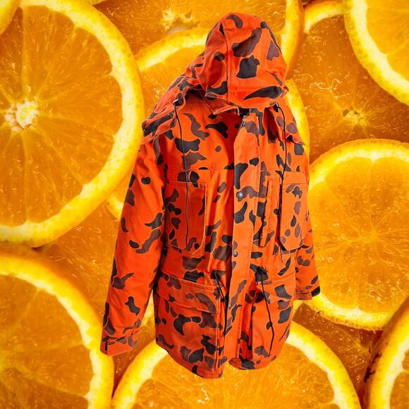 10x‎ Men's Orange Camo Hooded Gore-Tex Full Zip Reversible Hunting Jacket Size M - Picture 1 of 16